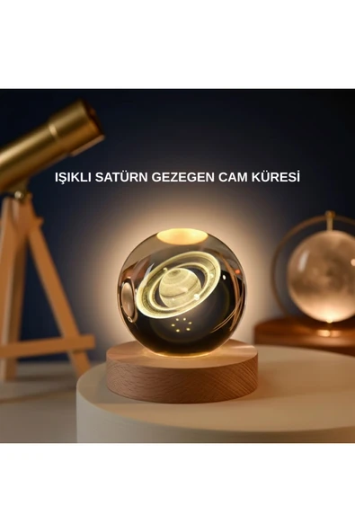 Satürn Gezegenli Kristal Küre LED Lamba USB’li Ahşap Standlı ürün görseli 1