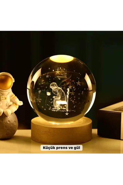 Küçük Prens Temalı Büyük Boy Işıklı Cam Küre Ahşap Stand ürün görseli 1