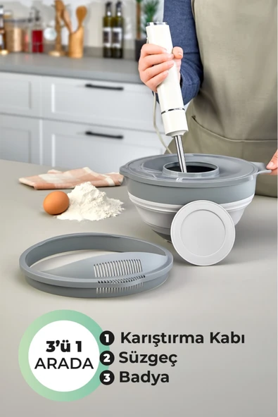 Kitchen Life 3'ü 1 Arada Katlanabilen Mikser Karıştırma Kabı, Süzgeç, Badya 4 Parça Mutfak Hazırlık ve Çeyiz Seti Gri ürün görseli 1