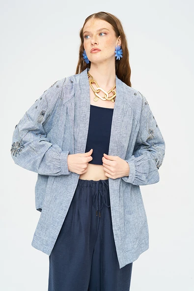Kadın Yoğun Boncuk Işlemeli Oversize Kimono - Resim 7