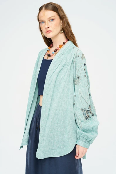 Kadın Yoğun Boncuk Işlemeli Oversize Kimono - Resim 2