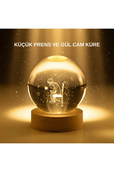 Küçük Prens Cam Küre USB Işıklı Ahşap Standlı Büyük Boy ürün görseli 1