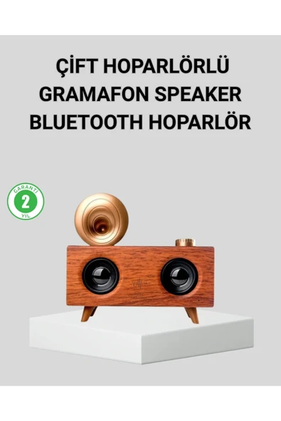 Retro Gramafon Bluetooth Hoparlör Çift Stereo Sesli FM Radyo Destekli ürün görseli 1