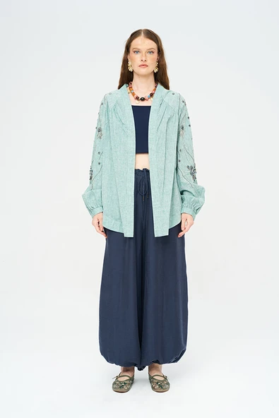 Kadın Yoğun Boncuk Işlemeli Oversize Kimono - Resim 4