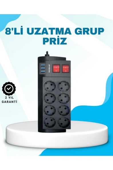 Isıya Dayanıklı Termal Akım Koru 8'Li Priz 3 Usb Girişli Uzatma Kablosu ürün görseli 1