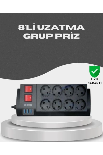 Akım Korumalı 8’li Priz 3 USB’li Uzatma Kablosu Isıya Dayanıklı 2 Metre ürün görseli 1