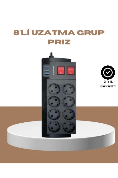 Güçlü Termal Korumalı 8 Priz + 3 USB Çoklu Uzatma Kablosu 2m ürün görseli 1