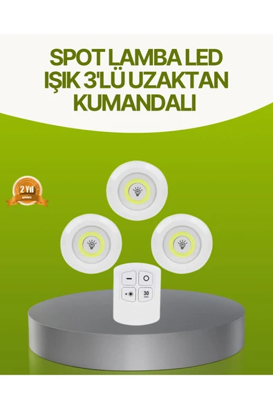 Uzaktan Kumandalı 3 Lü Kablosuz Led Spot Lamba Seti Yapışkanlı Pratik Kullanım ürün görseli 1