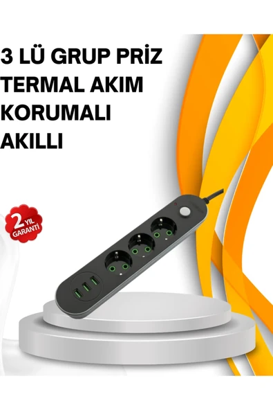 Hızlı Şarj Özellikli 3 USB Girişli Üçlü Priz ürün görseli 1