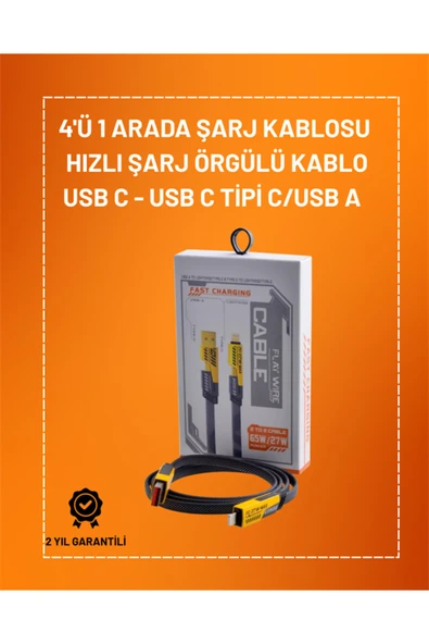 4'ü 1 Arada USB Hızlı Şarj ve Veri Kablosu  65W Güç, Çoklu Bağlantı, 1.2m ürün görseli 1
