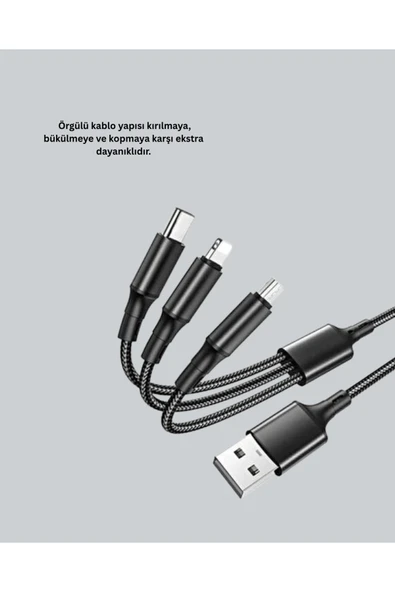 3’ü 1 Arada Hızlı Şarj Kablosu  iOS Android Type-C Uyumlu - Resim 3