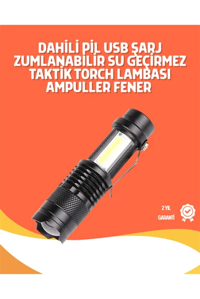 Şarjlı LED El Feneri - 14500 Pil Dahil, 4 Işık Modu, Mini Boy ürün görseli 1