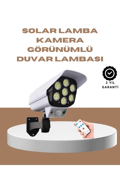 Güneş Enerjili LED Lamba + Güvenlik Kamerası Görünümlü– 5-8 m Hareket Algılamalı, Beyaz Işık ürün görseli 1
