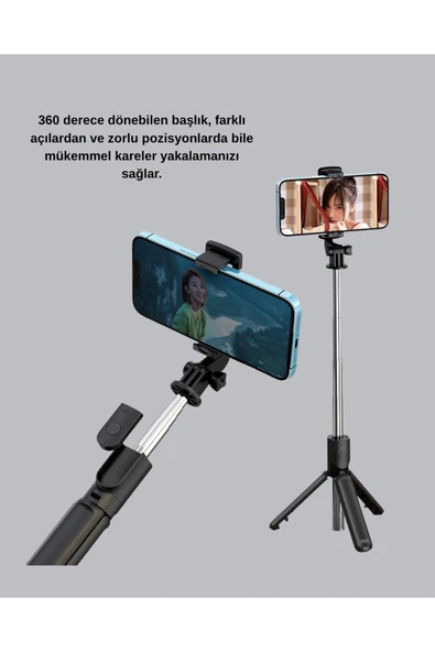 Kablosuz Bluetooth Selfie Çubuğu – 360° Dönebilir Başlık, Taşınabilir ve Şık Tasarım ürün görseli 1
