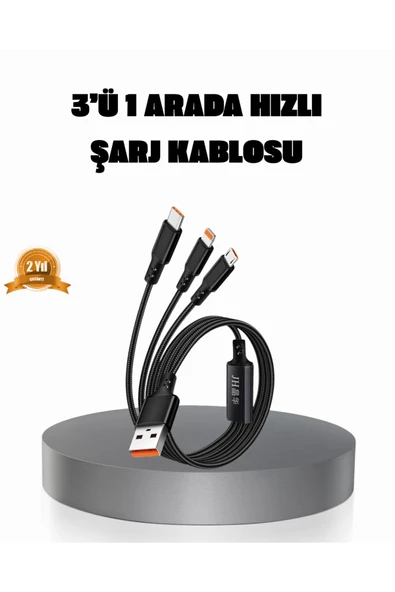 3’ü 1 Arada Şarj Kablosu Type-C iOS Android Uyumlu Hızlı ve Güvenli Şarj ürün görseli 1