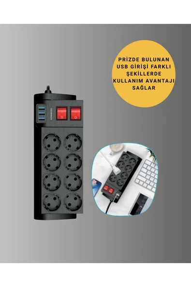 2 Metre Güçlü Çoklu Priz 8 Soket - Resim 2