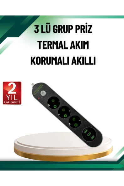 Akım Korumalı Anahtarlı USB Girişli Üçlü Priz ürün görseli 1