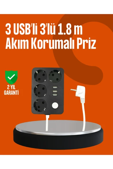 Akım Korumalı 3 USB Portlu 4’lü Priz 4.1A Hızlı Şarj ürün görseli 1