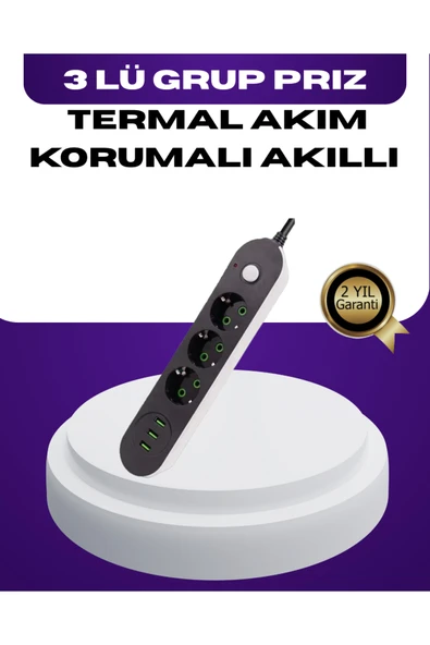 USB Yuvalı Anahtarlı Üçlü Priz 2 Metre Kablolu ürün görseli 1