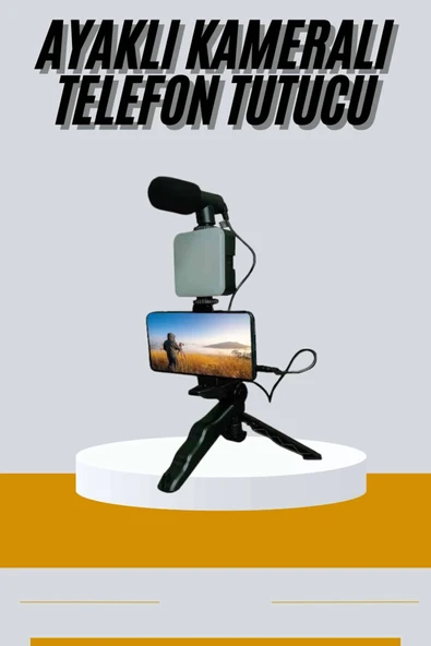 Tripod Telefon Tutucu Kumandalı Mikrofon Led Işık Vlog Video Kayıt ürün görseli 1