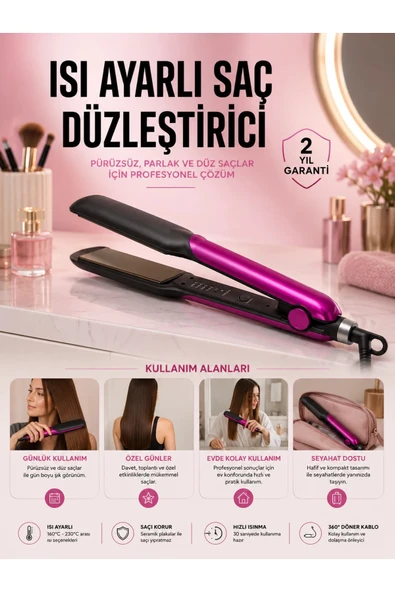 Saç Düzleştirici Isı Ayarlı Seramik Kaplama Döner Kablo Yıpranma Karşıtı ürün görseli 1