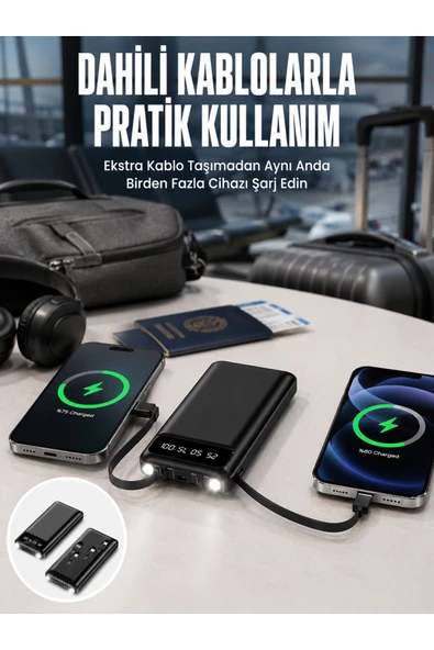 UCUZTEKNO 20.000 Mah Led Işıklı LCD Ekran USB Girişli Type-C Lightning Powerbank Yeni Nesil