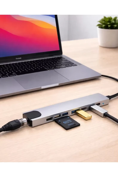 Type C Hub Çoklayıcı 8 Port USB HDMI RJ45 Kart Okuyucu ürün görseli 1