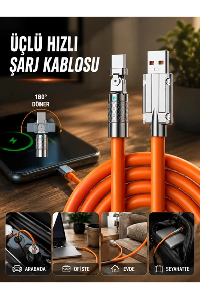 3 İn 1 Süper Hızlı Şarj Kablosu Android ve İOS Uyumlu Silikon Şarj Kablosu ürün görseli 1