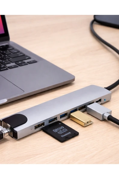 USB C Çoklu Port Adaptör HDMI USB Ethernet SD Kart Hub ürün görseli 1