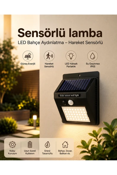 Sensörlü, Güneş Enerjili LED Duvar Lambası Bahçe ve Balkon Aydınlatma ürün görseli 1