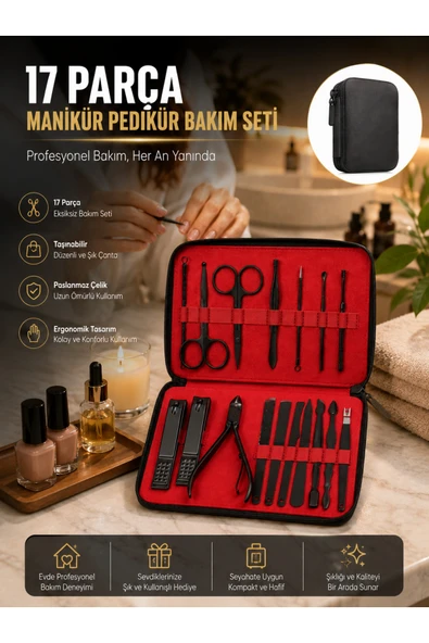 Paslanmaz Çelik 17 Parça Manikür Pedikür Seti ve Taşınabilir Şık Çanta ürün görseli 1
