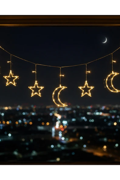 Büyük Ay Yıldız LED Ramazan Süsü Sıcak Beyaz Dekoratif Işık ürün görseli 1