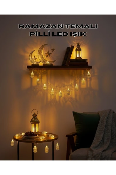Altın Fener Detaylı Pilli Ramazan LED Işık Ev Dekorasyonu ürün görseli 1