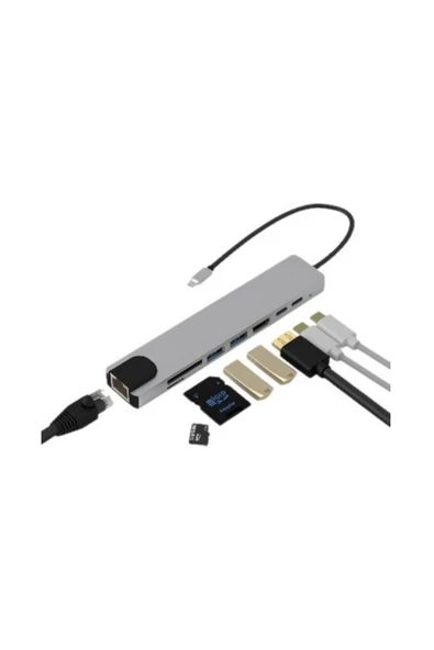 USB C Çoklu Port Adaptör HDMI USB Ethernet SD Kart Hub - Resim 2