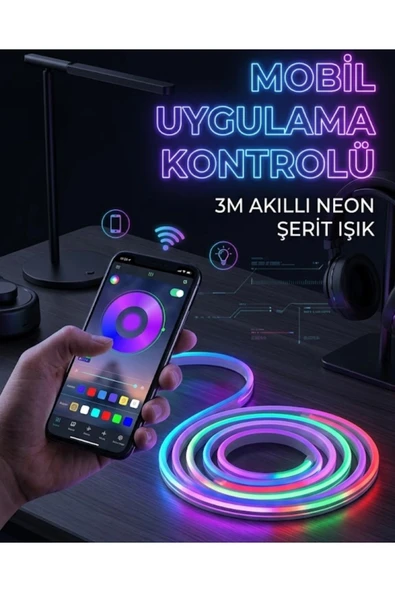 3 Metre RGB Neon LED Şerit Işık Su Geçirmez Kumandalı ve Uygulama Kontrollü Dekoratif Aydınlatma ürün görseli 1