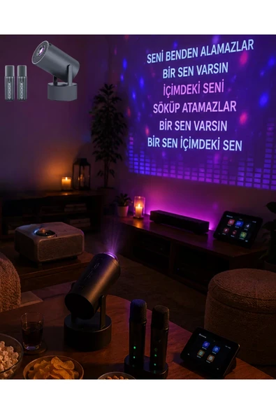 Bluetooth Hoparlörlü Akıllı Projektör Kablosuz Karaoke Mikrofonlu ürün görseli 1