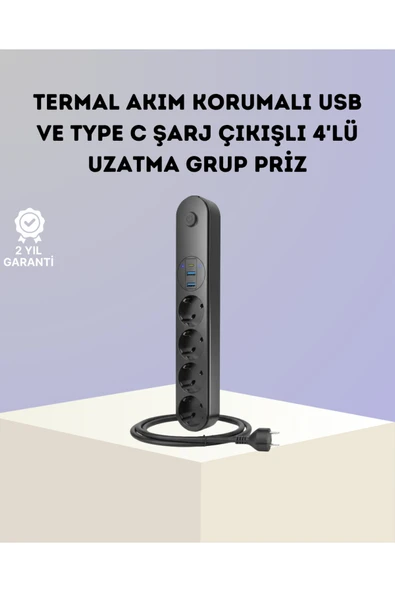Akım Korumalı Çoklu Priz 4’Lü 2 Usb 1 Type-C 2500W Güçlü Tasarım ürün görseli 1