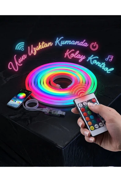 3 Metre RGB Akıllı Neon LED Şerit Işık Telefon ve Kumanda Kontrollü Ambiyans Aydınlatma ürün görseli 1