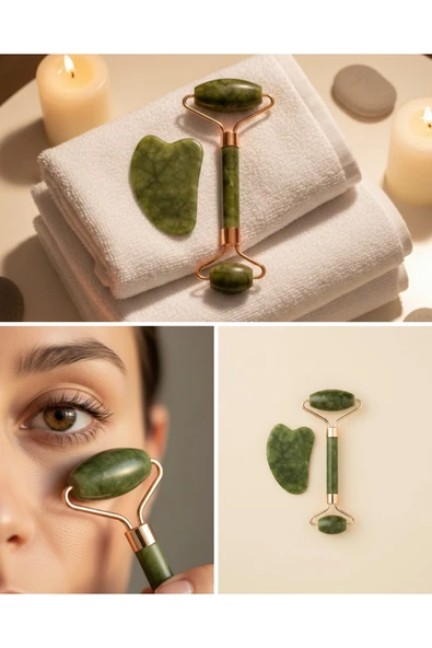 Yeşim Taşı Yüz Bakım Seti Çift Başlıklı Roller ve Gua Sha ürün görseli 1