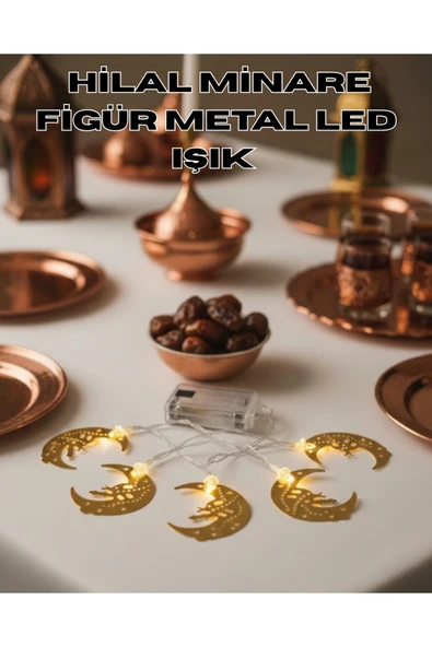 Minareli Hilal LED Işık Gold Metal Gövdeli Pilli Ramazan Dekoru ürün görseli 1