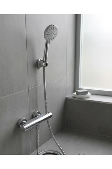 Krem Duş Başlığı Seti 4 Kademeli El Duşu Spiral Hortumlu Banyo Seti ürün görseli 1
