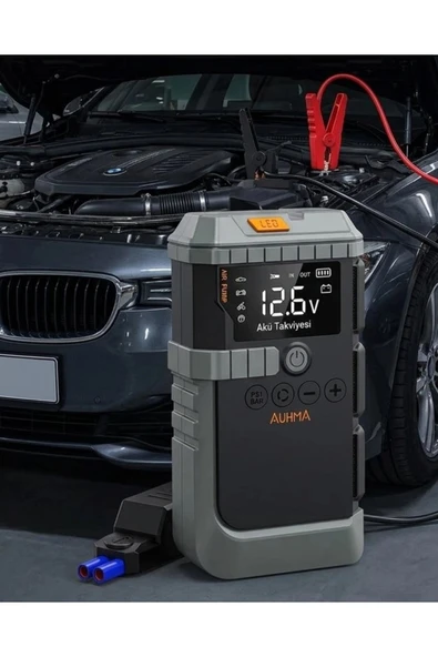 Taşınabilir Araç Çalıştırma Jump Starter Hava Pompası Dijital Basınç Göstergeli Güç Bankası ürün görseli 1