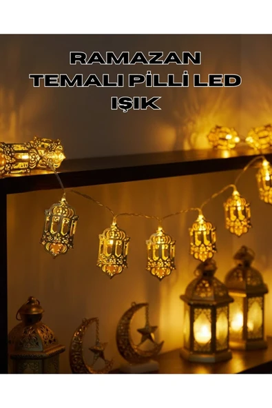 Pilli Ramazan Işıkları Altın Renk Fener Figürlü LED Süsleme ürün görseli 1