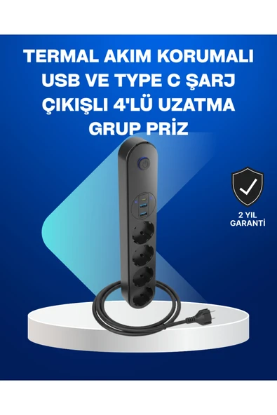 Akıllı Akım Dengelemeli 4’lü Çoklu Priz Type-C ve USB Çıkışlı ürün görseli 1