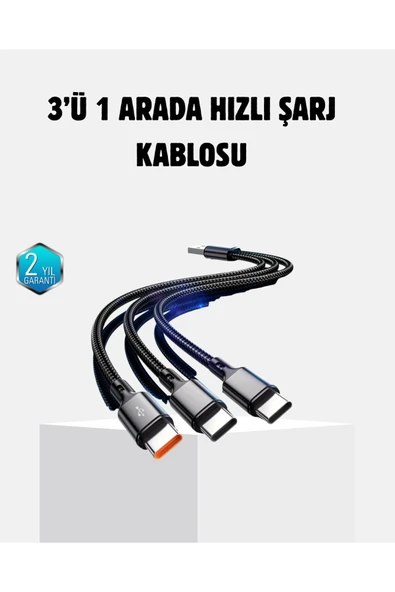 3 Başlıklı Hızlı Şarj Kablosu Metal Alaşımlı Dayanıklı ve Akıllı Çipli ürün görseli 1