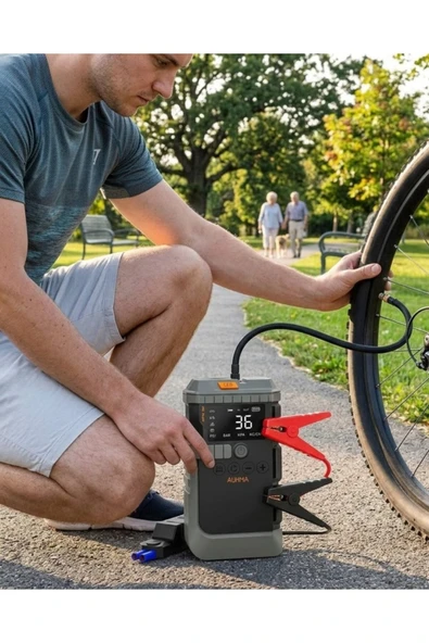 Araç Lastik Basınç Pompası Akü Takviye Powerbank ve SOS Işıklı Çok Fonksiyonlu Cihaz ürün görseli 1