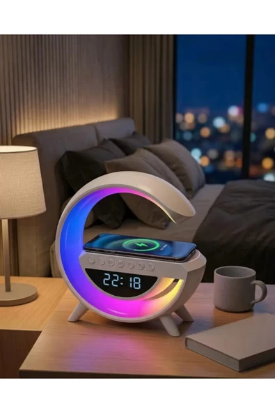 Kablosuz Şarjlı LED Işıklı Masa Saati Bluetooth Hoparlör Alarm Fonksiyonlu ürün görseli 1