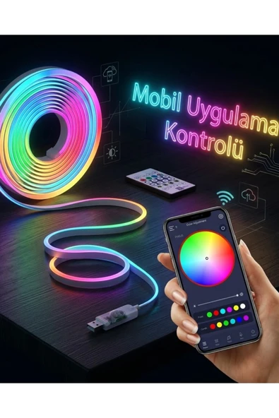 Akıllı RGB LED Neon Şerit Işık 3M USB Bağlantılı Uzaktan Kumanda ve Mobil Uygulama Kontrolü ürün görseli 1