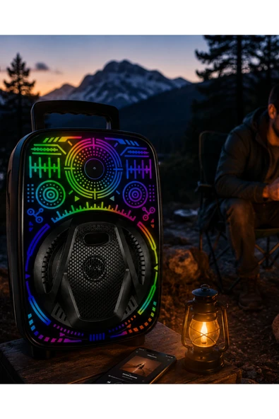 8 İnç Karaoke Hoparlör USB AUX FM Destekli Işıklı Speaker ürün görseli 1
