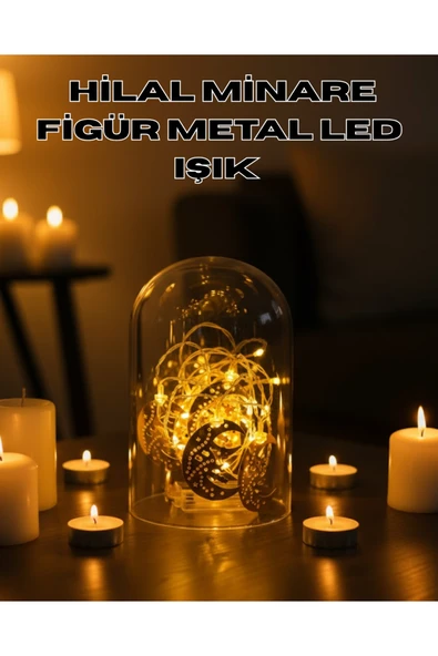 Ramazan Minare Detaylı Hilal LED Işık Günışığı Sarı Metal Süs ürün görseli 1